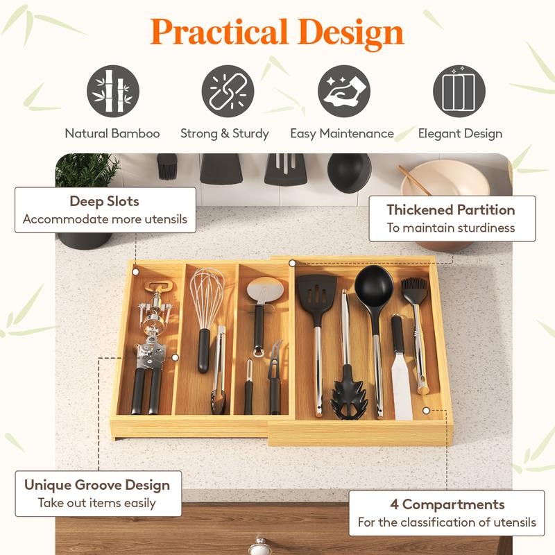 Lifewit 4 Compartments Bamboo Utensil Drawer Organizer, Expendable Cooking Silverware