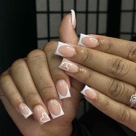 French Tip Press on Nails White Heart Fake Nails Short Sqaure False Nails with Designs Glossy Full Cover Glue on Nails Nude Acrylic Nails Valentine's Day Nails Press on Acrylic Nails for Women 24PCS