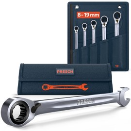 PRESCH Ratchet Wrench Set 5 Pieces Reversible (8, 10, 13, 17, 19 mm) with Bag - Minimum Return Angle (4°, 90 Teeth) - Robust, Precision-Made Ring Ratchet Wrench