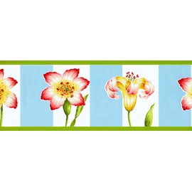 Concord Wallcoverings Wallpaper Border Floral Pattern Flowers on Striped Background for Living Room Bathroom Powder Room Dining Area, Pink Green Blue White Yellow, 15 Feet by 8.5 Inches ‎BN2059B