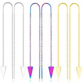 CHASELOV Threader Earrings for Women, Hypoallergenic Chain Earrings, Triangle Dangle & Drop Earrings, Versatile Double Piercing Design, Gift for All Occasions (Silver & Rainbow & Gold)