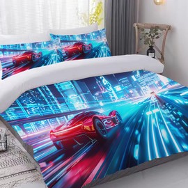 CXYXHW Racing Car Bedding Set for Boys, Sports Car Duvet Cover Extreme Sport Theme Bedding Set for Children with Zip and 2 Pillowcases (Racing Car 5, 135 x 200 cm)