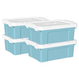 Cetomo 20L*4 Plastic Storage box, Tote box,Organizing Container with Durable Lid and Secure Latching Buckles, Stackable and Nestable, 4Pack, Blue with Buckle