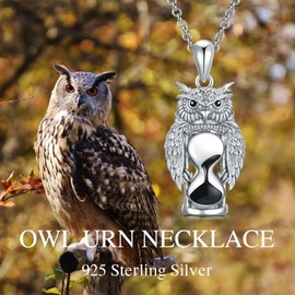 PELOVNY Owl Urn Necklace 925 Sterling Silver Hourglass Ashes Pendant Owl Cremation Jewelry for Mothers Day Fathers Day Thanksgiving Christmas Gifts Women Men