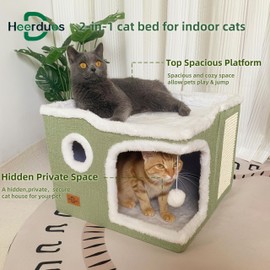 Heerduos Cat Bed for Indoor Cats,Covered Cat Cave House & Furniture with Scratch Pad,Foldable Cat Hideaway Hut Cute Cat Condo with Soft Washable Mat for Multi Small Pet Under 30 lbs,Green