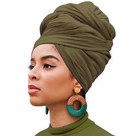 XTREND 1 Piece Stretch Head Wrap Jersey Turban Fashion Headband Solid Color Extra Long Hair Scarf Headwraps Bohemian Soft Breathable Turbans African for Women (Army Green)