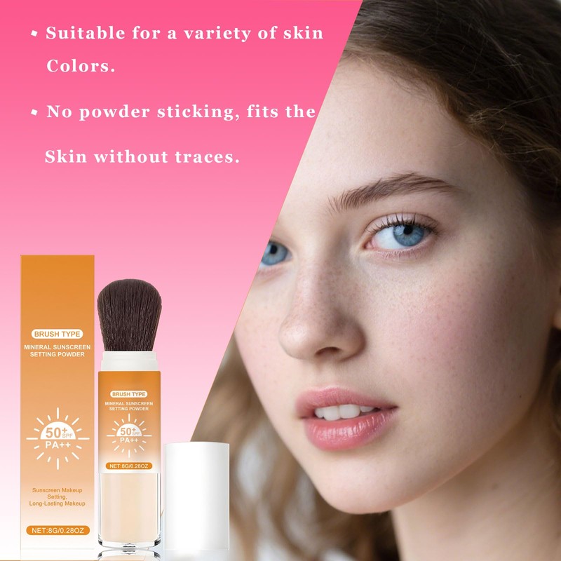 Mineral Sunscreen Setting Powder, SPF 50 Transparent Brush Powder, Long-Lasting,Lightweight