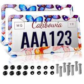 Colorful Butterflys License Plate Frames for Women License Plates Covers Aluminum Metal License Plate Holder Auto Car Tag with 4 Holes Screws Standard Size 2 PCS Set