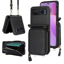 Ninki Compatible Moto Razr 2023 Case with Card Holder, Leather Wallet Case with Finger Loop and Detachable Strap - Black