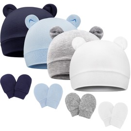 BQUBO Newborn Baby Hats Bear Ears and Mittens Sets Preemie Cotton Caps Baby Boy Girl Infant Hospital Beanie for 0-3 Months