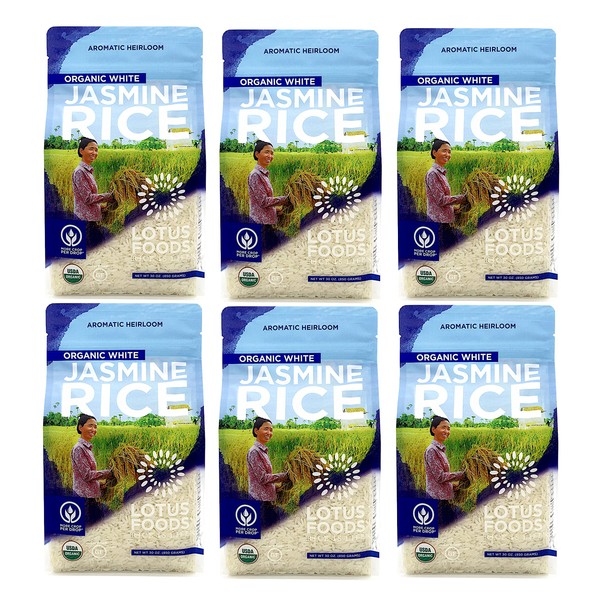Lotus Foods Organic White Jasmine Rice – Gluten-Free Pantry Staple Sticky & Aromatic Long Grain Rice, Organic Asian Food, 30 Oz (6-Pack)
