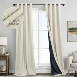 Beige Linen Textured Blackout Curtains 84 Inch Length for Living Room 2 Panel Grommet Room Darkening Drape Cream Black Out Curtain for Bedroom Neutral Primitive Burlap Modern Farmhouse Decor 7 FT Long