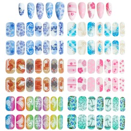 Sun&Beam Nails Full Nail Wraps Art Stickers Nail Polish Strips Self-Adhesive with Design for Women Girls DIY Nail Decals 6 Sheets (#8-Summer)