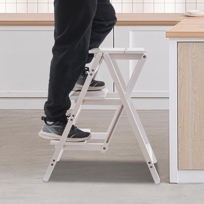 Hteedy Folding Step Ladder, White Folding Step Ladder 3-Layer Folding