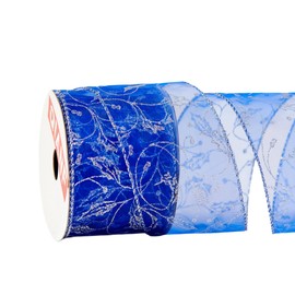 QIANF Royal Blue Organza Sheer Ribbon with Glitter Swirl Pattern and Metallic Edge, 2.5 Inch x 10 Yards Organza Wired Ribbon Christmas Ribbon for Tree Decoration Gift Wrapping Wreaths Bows Making