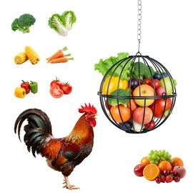 AOTECC Metal Hanging Chicken Feeder - 7.1 Inch Chicken Veggie Treat Ball with Hanging Chain, Sturdy Poultry Feeder Basket for Chicken Coop