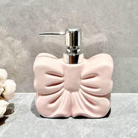 Hosoncovy Bow Ceramic Liquid Soap Dispenser with Pump,Pump Bottle Dispenser, Refillable Hand Wash Liquid Lotion Jar Dispenser for Bathroom, Countertop, Kitchen (Pink)