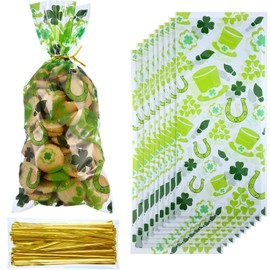 Chuangdi 100 Pack St. Patrick Day Candy Cellophane Bags Irish Shamrock Treat Bags Bulk Saint Patrick's Day green Clear Leprechaun Hat Footprint Goodies Packing for Holiday Party Supplies
