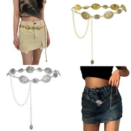 NACOOL Cinturón de Mujer de 2 Piezas, Cadena de Cintura de Metal Europea y Americana, Cadena de Cintura y pantalón de Estilo Occidental de Alta Gama para Mujer, Estilo étnico de Moda Retro y versátil.