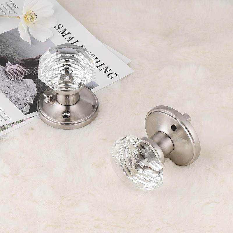 Classic Rosette, Crystal Style Privacy Door Knob, Satin Nickel Diamond