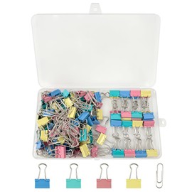 Pack of 120 Binder Clips in Various Colours, 15 mm Foldback Metal Binder Clips, Office Metal Clips, Paper Holder with Box, 50 Paper Clips, Mixed Binder Paper Clips for School Home Documents