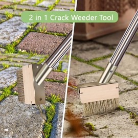 mcwdoit Crack Weeder Tool, Crevice Weeding Moss Brush with 2 Heads&Scraping Hook, A Hand Puller Tool, Moss Remover with Steel Handle for Cleaning Paving Joint Paver Sidewalk Patio Stone Driveway Deck