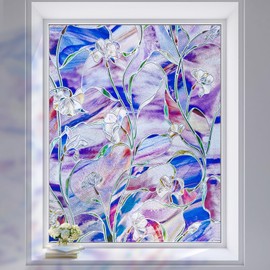 Coavas Floral Window Film, Stained Glass Window Film Decorative Privacy Cling for Home Bathroom & Front Door, 3D Floral Design, UV Blocking, Heat Control, Non-Adhesive, Reusable, Romantic, 23.6"x78.7"