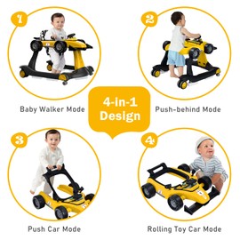 BABY JOY 4-in-1 Baby Walker, Foldable Activity Walker with Adjustable Height & Speed, Music, Lights, Anti-Rollover, Toddler Push Walker, Baby Walker with Wheels for Boys Girls 6-18 Months (Yellow)