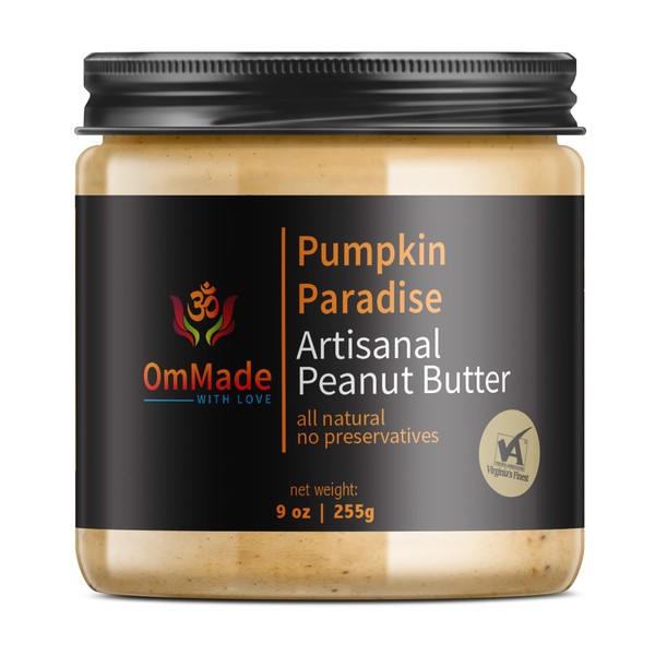 OmMade Pumpkin Paradise Mantequilla de cacahuete, fabricada en los Estados Unidos con cacahuetes Virginia locales; 12 sabores; vegano; sin gluten; 7 g de proteína/porción, sin aceite de palma, todo natural, saludable y delicioso.