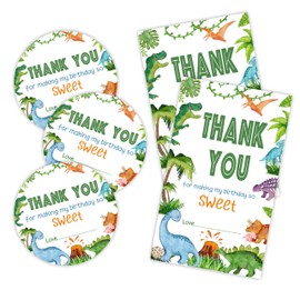 40 Pcs Dinosaur Theme Stickers Set - 20 Round & 20 Adhesive Thank You Stickers- Birthday Tags for Dinosaur Themed Party, Gift Wrapping, Envelope Seals, Party Favor & Supplies - A04