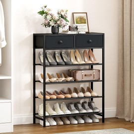 UNITSTAGE Shoe Rack, 5 Tier Shoe Organizer with 2 Drawers, Metal Shoe Storage for 16-20 Pairs of Shoes with Fabric Shelves and Wooden Top, Narrow Shoe Shelf for Closet Entryway Black Grey