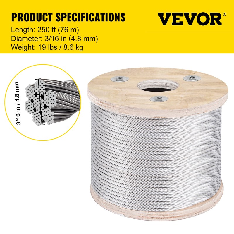 VEVOR 3/16 T304 Stainless Steel Cable 250FT, 3700 LBS Breaking
