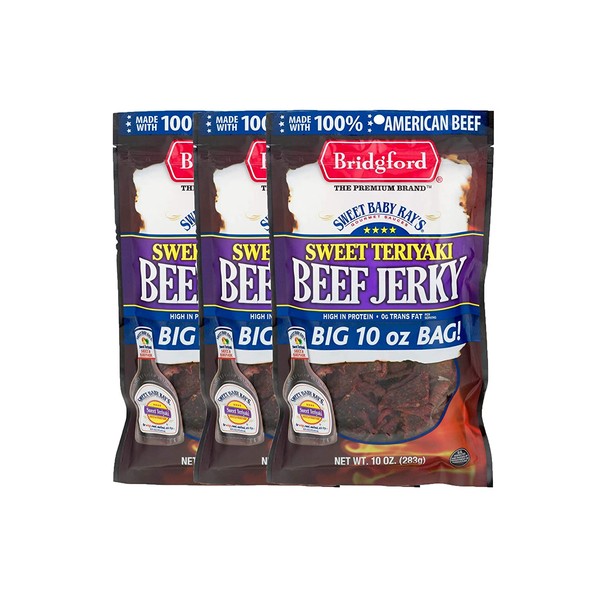 Bridgford Sweet Baby Ray's Sweet Teriyaki Beef Jerky, High Protein, Zero Trans Fat, Made With 100% American Beef, 10 Oz, Pack of 3