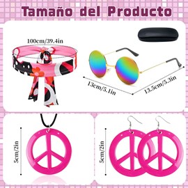 Disfraz Hippie de Los Años 60 y 70, 6 Piezas Conjunto de Hippie para Mujer, Traje Discoteca, con Diadema, Collar, Aretes y Gafas de Sol, Disfraz para Halloween