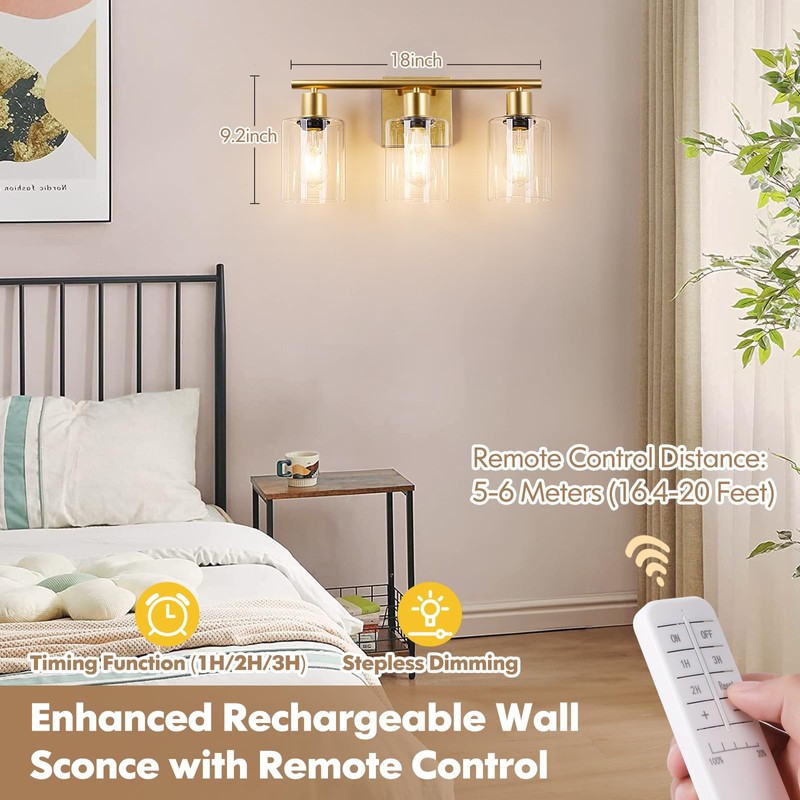 Battery Operated Wall Sconce, 3-Light Dimmable Rechargeable Wireless Vanity Light
