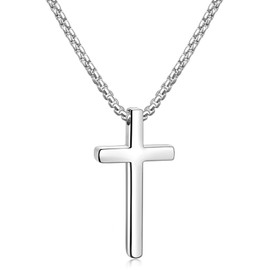 Hshenjhu Cross Necklace, Cross Necklace Jewellery Stainless Steel for Men Women, Pendant, Lightfast, Sweatproof with 60 cm Chain, Christianity Gift, Communion, Confirmation, Silver, Stainless Steel