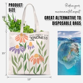 ATHAND Treat Yourself with Kindness,Cute Flower Tote Bag,Grocery Bags,Beach Bag,Canvas Tote Bag,Reusable Shopping Bag