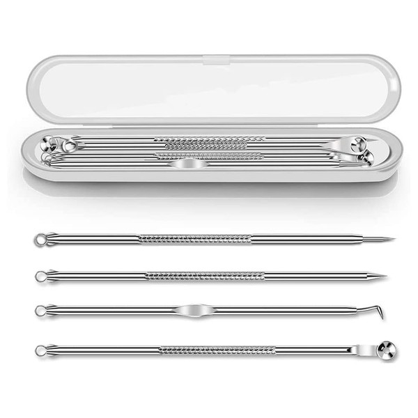Blackhead Remover Set of 4 Double-Sided Blackhead Remover Stainless Steel Acne Whiteheads Blackhead Remover Kit with Transparent Box for All Skin Types