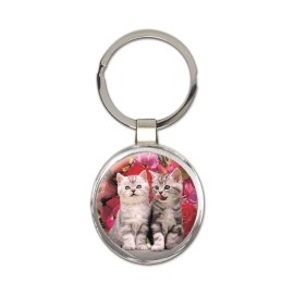 Cat : Gift Round Keychain Cute Animal Kitten Funny Friend Flowers Pet