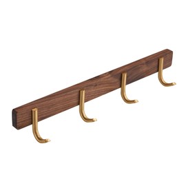 SARIHOSY Wall Mounted Coat Rack, Entryway Hanging Coat Rack, Metal Wood Coat Rail with 4 Rustic Hooks Rail for Coat, Scarf, Bag, Towel, Key, Cap, Hat, Walnut Gold Matt