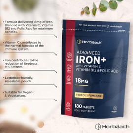Iron Tablets High Strength 18mg | Energy Tablets with Vitamin C, B12 & Folic Acid | 180 Count | 6 Months Supply & Vegan | Ferrous Fumarate Supplement for Men & Women | by Horbaach