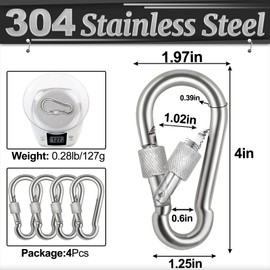 Spencer Locking Carabiner Clips 4" 4 Pack-304 Premium Stainless Steel Thumb Screw Carabiner Clip Heavy Duty For Outdoor, Camping, Hiking, Swing, Gym, Dog Leash and More