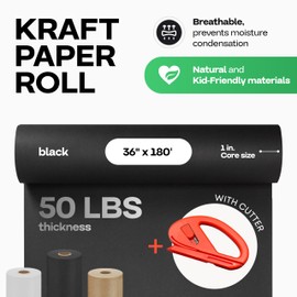 IDL Packaging Black Kraft Paper Roll 36" x 2160" (180 feet) with Cutter - Quality Black Paper Roll 50lb Thickness for Packing, Moving, Shipping & Crafts/Arts - Natural Wrapping Craft Paper