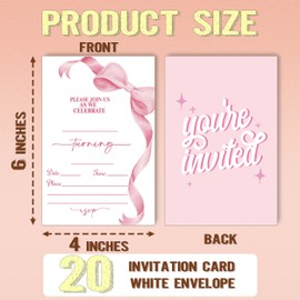 Ogleqoo Pink Bow Invitation for Girls, 20pcs Birthday Party Invitation Cards with Envelopes, 4x6 inches, Modern Letter Print