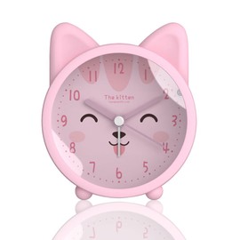 Roadtime Cute Animal Alarm Clock for Kids, Non-Ticking Rabbit/Cat/Deer Alarm Clock, Quiet Desk Alarm Clock with Backlight (Cat, Pink)