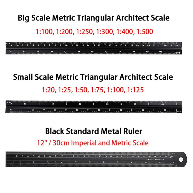 OwnMy 30CM Solid Aluminum Metric Triangular Architect Scale Ruler Set,