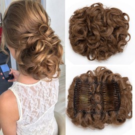 S-noilite Clip in Ponytail Hair Extension Short Messy Curly Dish Hair Bun Easy Stretch Hair Combs Updo Scrunchie Chignon Tray Ponytail Hairpiece -Light Brown