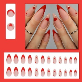 Red French Tip Press on Nails Almond Medium Fake Nails Heart False Nails with Gold Line Design Glue on Nails Reusable Acrylic Nails Full Cover Stick on Nails for Women Manicure 24Pcs