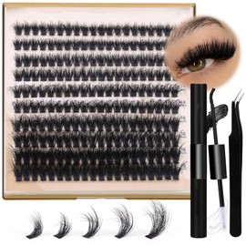 Lash Extension Kit Thick Eyelash Extension Kit 10-18mm Fluffy Lash Clusters 200D Individual Eyelashes Kit with Lash Bond, Lash Remover, Lash Applicator, DIY Lashes Extension for Beginners