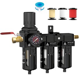 ATINY Three Stage Air Drying System, 1/2" NPT Air Dryer System Air Compressor Filter Dryer,5 &0.5 &0.01 Micron Filter Cartridge,Semi-Auto Drain,Metal Bracket-Blue